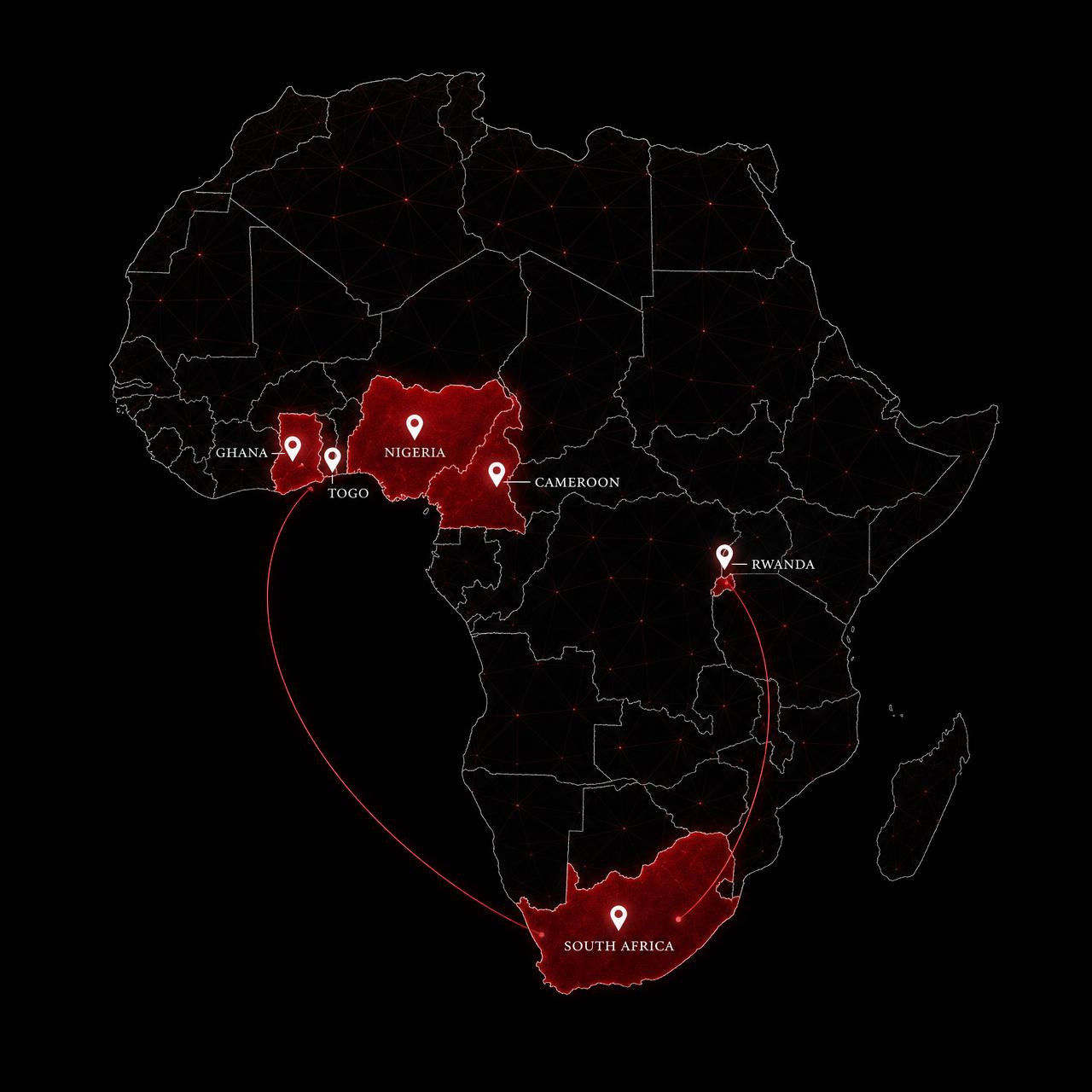 Map of Africa highlighting Bako Group's countries of presence: Ghana, Nigeria, Cameroon, Togo, Rwanda and South Africa
